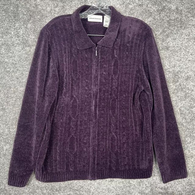 Alfred Dunner Sweater Women's Large Purple Classic Grannycore Chenille Full Zip