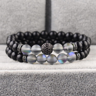 Fashion Micro Pave CZ Balls Crown Charm Natural Moonstone Onyx Stone Bracelets