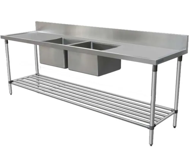2100x700mm NEW COMMERCIAL DOUBLE BOWL KITCHEN SINK #304 STAINLESS STEEL BENCH E0