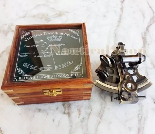 Nautical Brass Working Maritime Sextant 4'' With Wooden Box Decor Item New Gifts