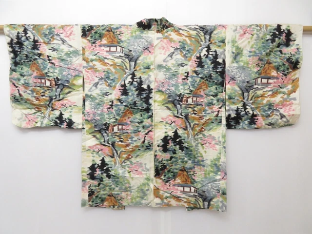 1509T05z370 Vintage Japanese Kimono Silk MEISEN HAORI Off-white Scenery