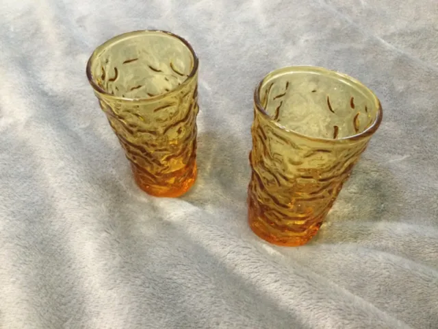 Vintage Anchor Hocking Amber Lido Milano Crinkle Drinking Juice Glass 4” Set 2 2