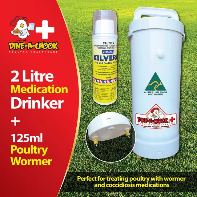 Dine a Chook 2 Litre Medication Chicken Drinker + 125ml Kilverm Poultry Wormer