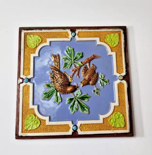 Minton Hollins Co. Majolica Victorian Tile Mother Bird and Chick 8 inches