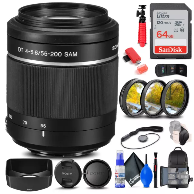 Sony DT 55-200mm f/4-5.6 SAM Lens + Filter Kit + BackPack + 64GB Card + More