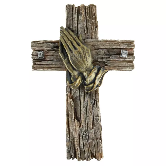 Praying Hands Wall Cross Faux Wood Look Hand Painted Polyresin Religious Decor
