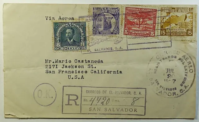 1937 El Salvador Registered Airmail Cover San Salvador to San Francisco CA