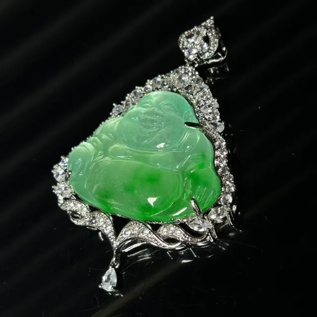 Certified Natural ice Green Jade Jadeite inlay Carved Buddha Pendant&Necklace 佛公 3