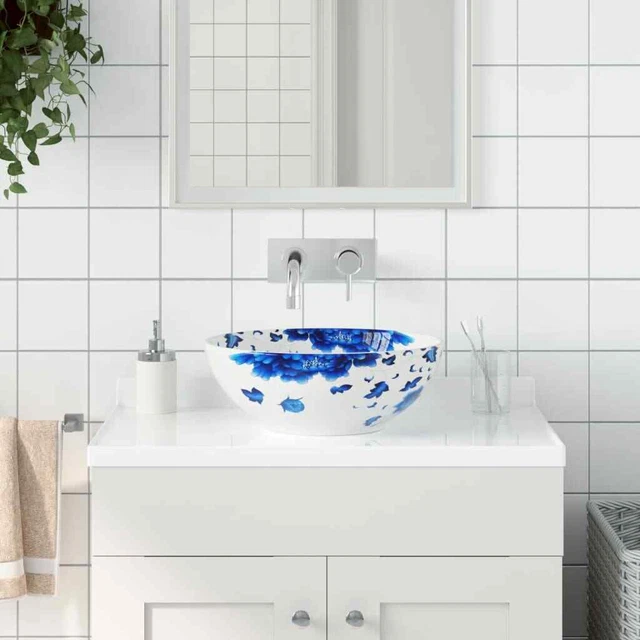Arbeitsplatte Becken Weiß Und Blau Rund Φ41x14 CM Keramik