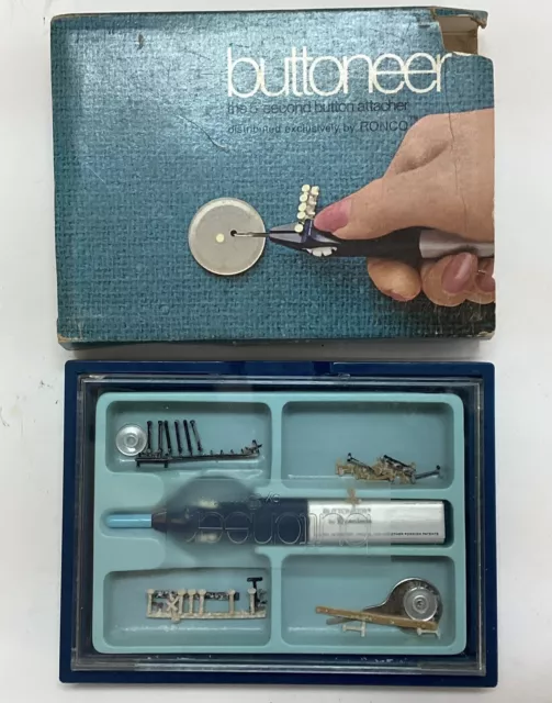 VINTAGE DENNISON BUTTONEER, 5 Second Button Attacher, W/Case & Box