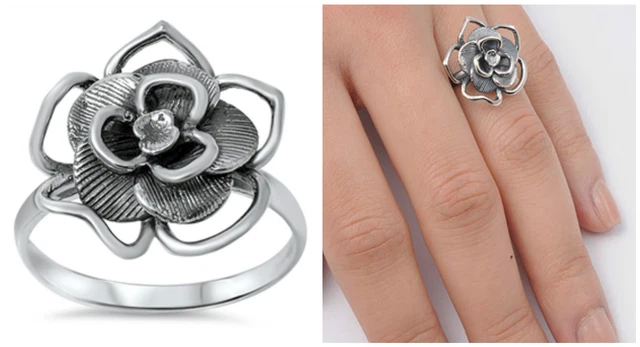 Sterling Silver 925 PRETTY OXIDIZED FLOWER DESIGN SILVER RING SIZES 5-10 *