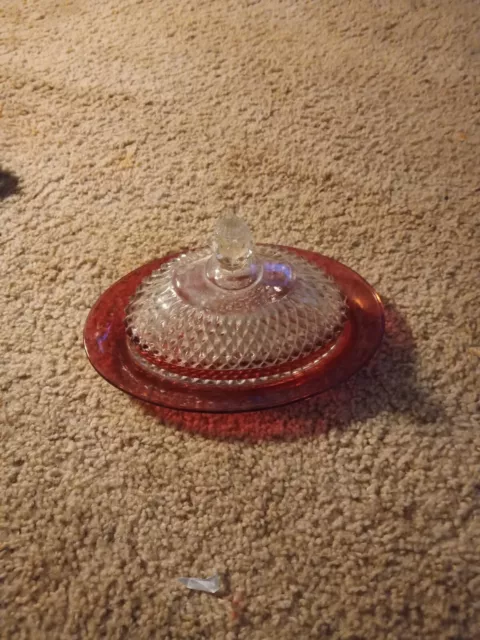 Vintage Indiana Glass Diamond Point Cranberry Red Flash Covered Butter Dish