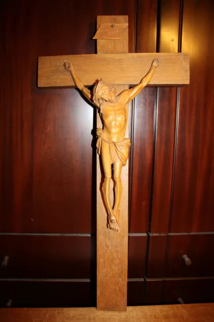 19Th 25" Wood Hand Carved Wall Crucifix Cross Jesus Corpus Sculpture Figure Gift