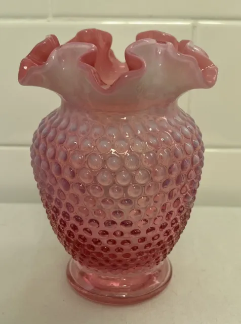 Vintage FENTON Cranberry Opalescent Hobnail Glass Double Crimped Vase 6” TALL