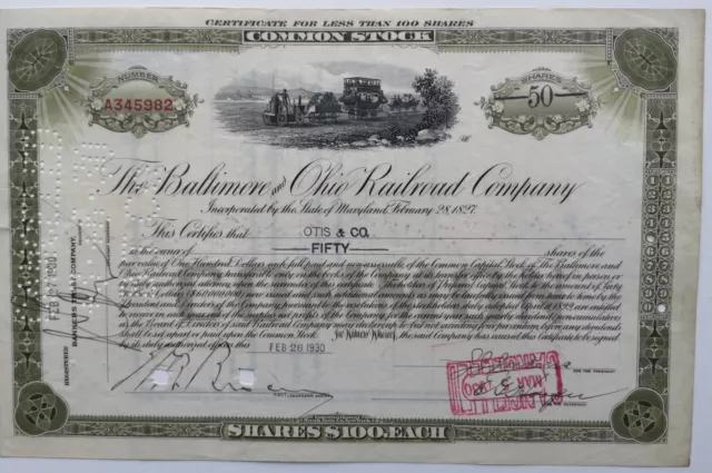 1930 Baltimore and Ohio Railroad Co Stock Certificate