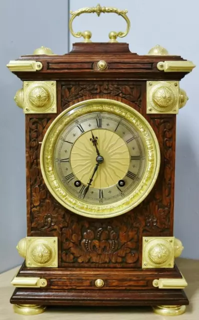 Rare Antique W & H 8 Day Carved Oak & Bronze Cube Style Ting Tang Bracket Clock