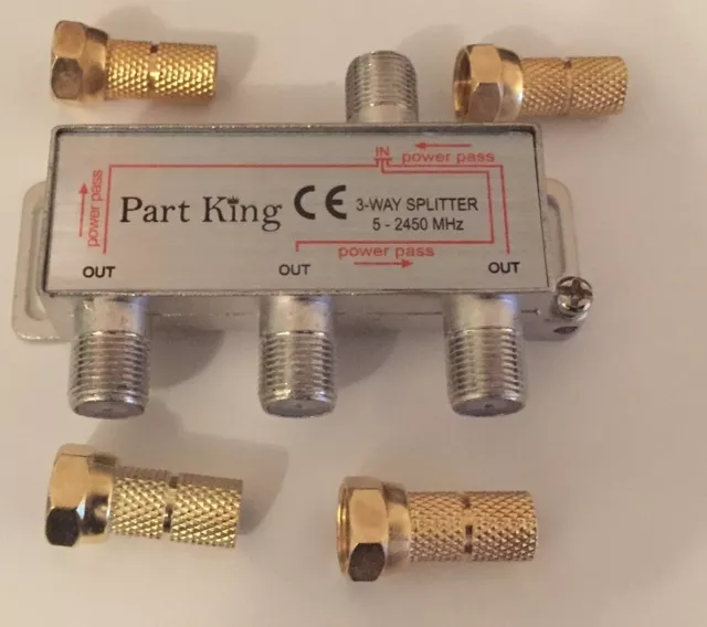 Part King 3 Way Aerial Freeview Virgin Media TV Cable Splitter + Gold F Plugs