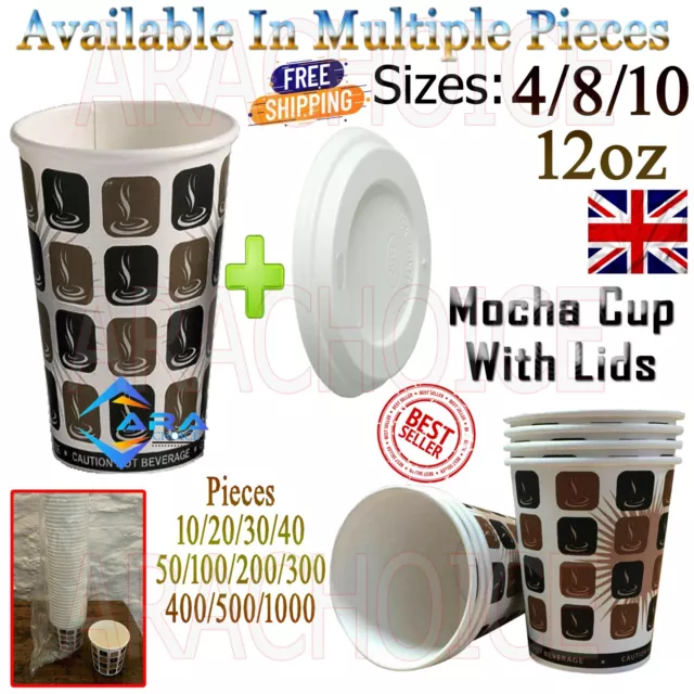 10-1000x Disposable Mocha Hot Drinks Paper Tea Cups Takeaway 4/8/10/12oz + Lids