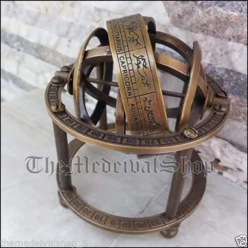 Antigüedad Latón Macizo Armillary Sphere Vintage Mesa Astrolabio Globe Estilo De