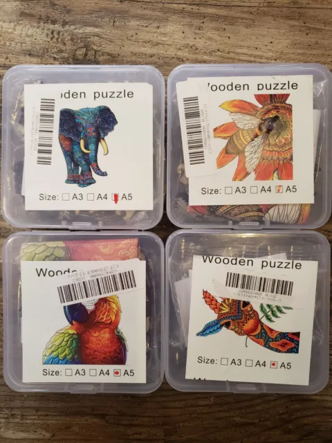 4 Brand New Wooden Jigsaw Shape Puzzles A5 - Giraffe, Bee, Parrot, Elephant