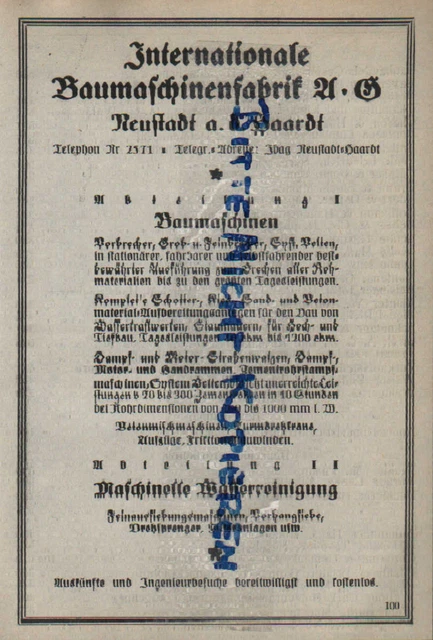 NEUSTADT, Werbung 1925, Baumaschinenfabrik AG Baumaschinen Maschinelle Wasserrei