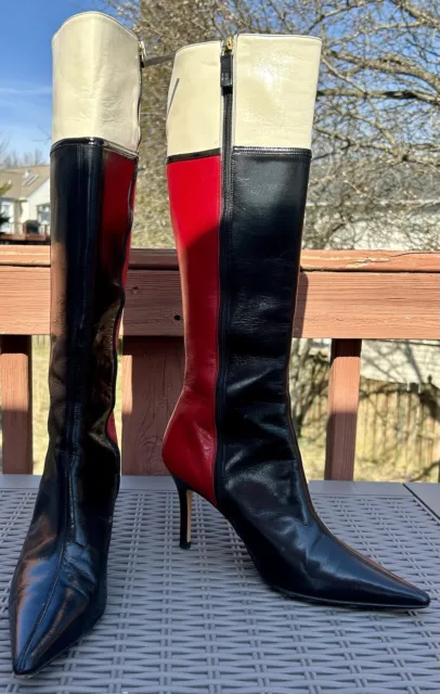 Kate Spade Leather Boots Womens 8.5 Black Red White Colorblock Stiletto Kneehigh
