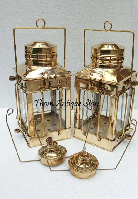 Ship-Lantern-Antique Finish Set Of 2 Vintage Anchor Decorative Oil Lamp Nautical