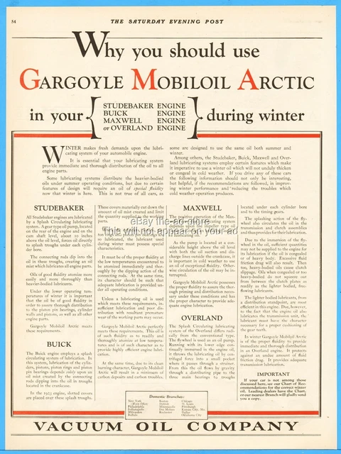 1923 Gargoyle Mobiloil Arctic Vacuum Oil Buick Studebaker Maxwell Overland Ad