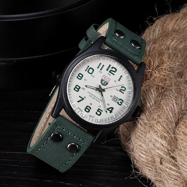 Green Men Watches Analog Military Leather Date Army Casual Dress Wrist Quartz UK