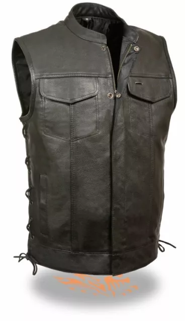 Men's SOA Leather Vest W/ Side Lace Snap/Zipper Front W/ 2 Gun Pockets - LKM3712