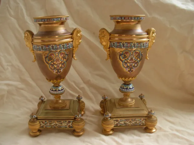 PAIR OF ANTIQUE FRENCH ENAMELED GILT BRONZE CASSOLETTES,LATE 19th CENTURY