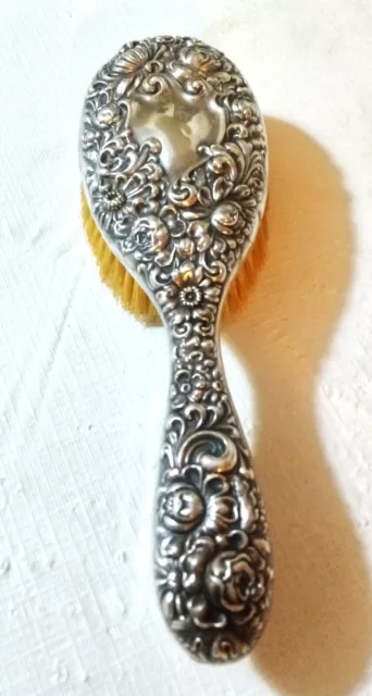 STERLING SILVER VANITY HAIR BRUSH 19c FLORAL REPOUSSE MARKED