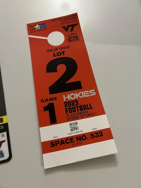 Virginia Tech Vs ODU Opening Season Game LOT 2 Parking Pass Sept 2, 2023