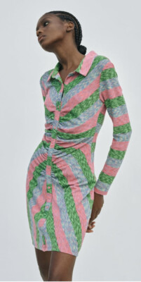 NWT Zara Collared Shirt Dress With Ruching S Small Spring Multicolor Striped