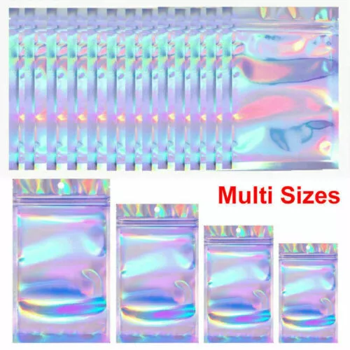 100Pcs Clear Zip Seal Mylar Bags Foil Pouches Holographic Rainbow Zip Lock Bags