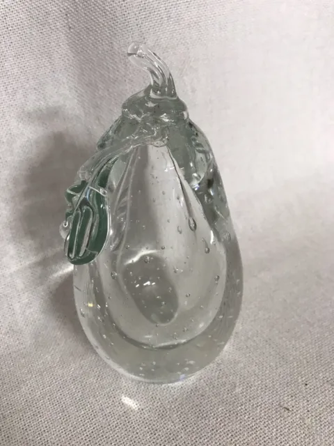 Clear Art Glass Pear Fruit Leaves Paperweight Bubbles