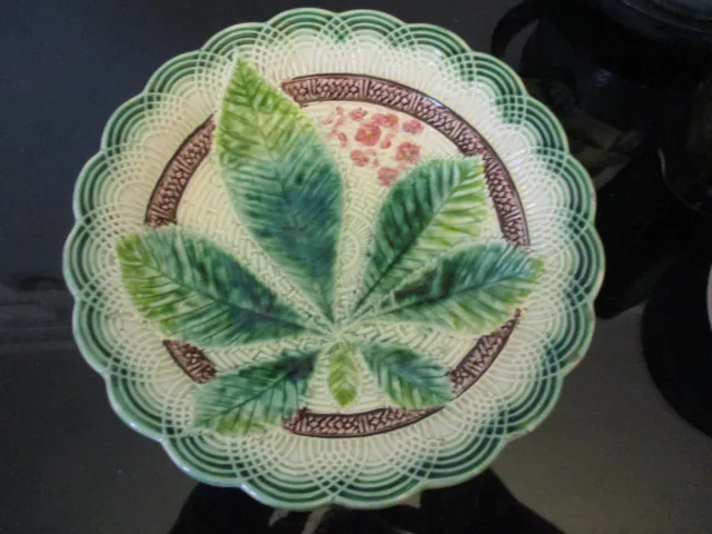 Antique Victorian Majolica Pottery Hand Painted Leaves & Blossoms Scalloped Bowl