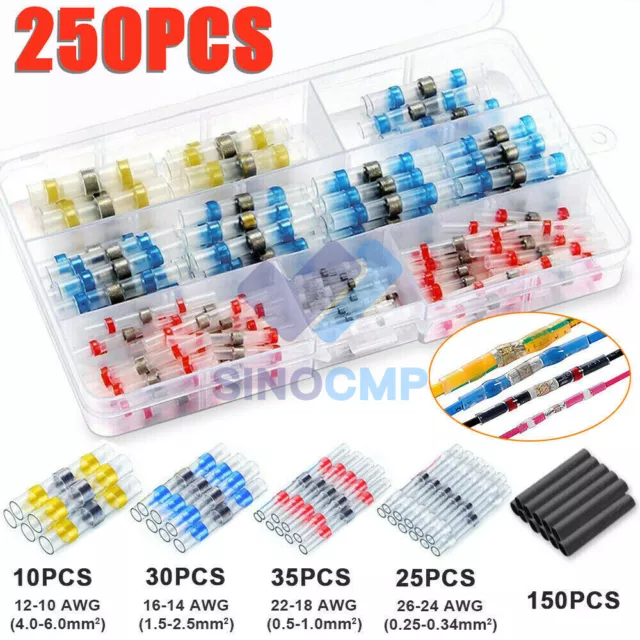 250pcs Waterproof Solder Seal Heat Shrink Wire Butt Terminal Connectors Set AFT