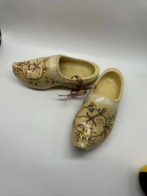 Vintage Dutch Wooden Shoes Clogs Holland Carved Hand Painted Windmill Wood 10”