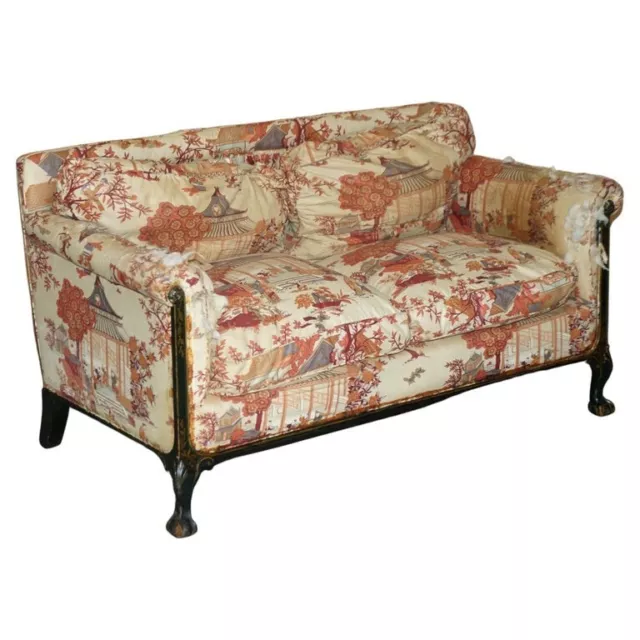 Antique Howard & Sons Aesthetic Movement Sofa Claw & Ball Feet Chinoiserie Fabic