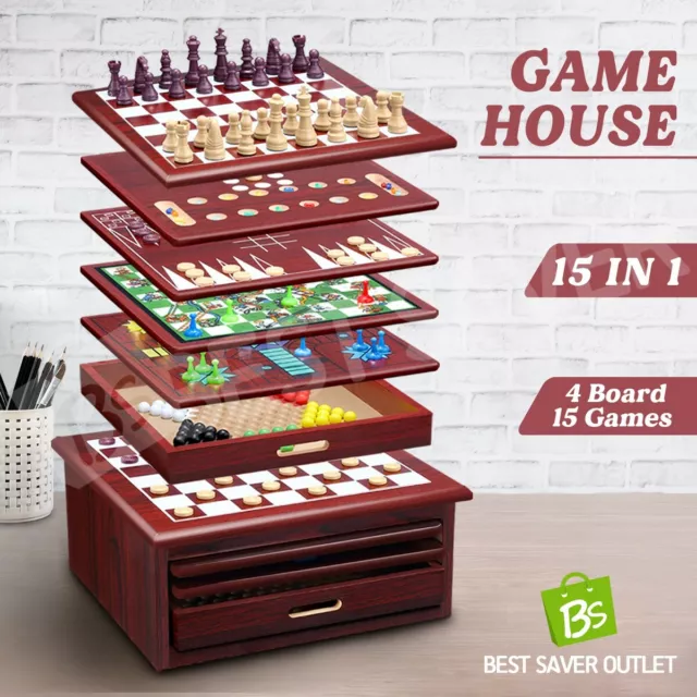 15in1 Chess Games Board Toy Wooden House Set Backgammon Checkers Snakes Ladders