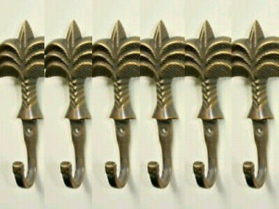 6 small PALM BRASS HOOK COAT WALL MOUNTED HANG TROPICAL old style hook 4" B