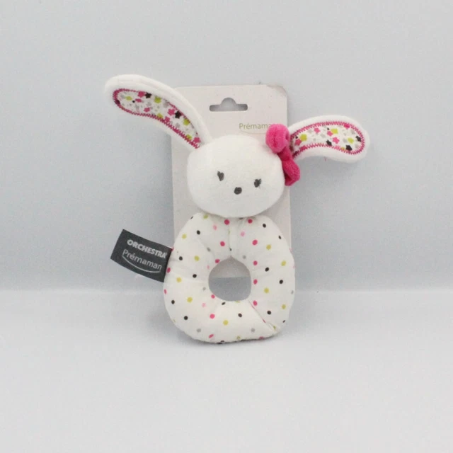 Doudou hochet lapin blanc rose vert pois ORCHESTRA PREMAMAN NEUF - 23084
