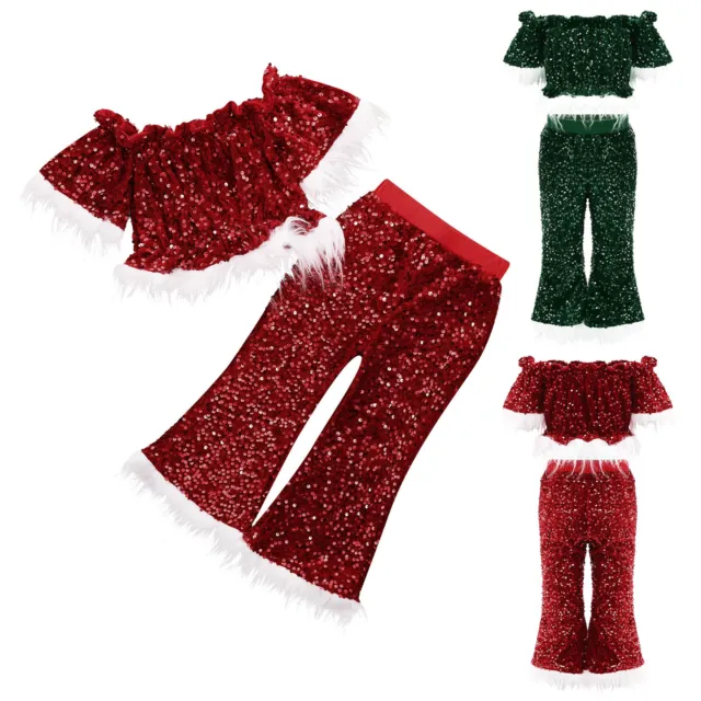 Set abiti natalizi per bambine paillettes arricciate top crop pantaloni svasati