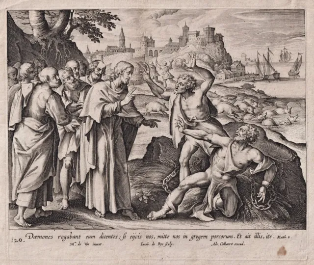 J. Bie M. Vos Christ heals two possessed men Bible Kupferstich engraving  292284
