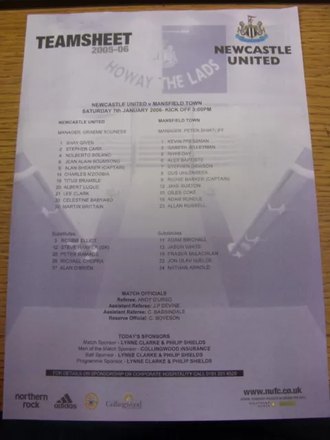 07/01/2006 Colour Teamsheet: Newcastle United v Mansfield Town [FA Cup] . Condit