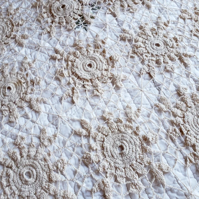 Vintage hand crocheted lace panel, Shabby bed coverlet tablecloth window cover