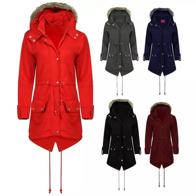 Ladies Fleece Parka Jacket Faux Fur Winter Women Zip Up Coat With Hoodie