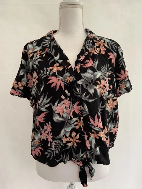 H&M Floral Short-Sleeved Blouse Collared Size 14 Tie Waist