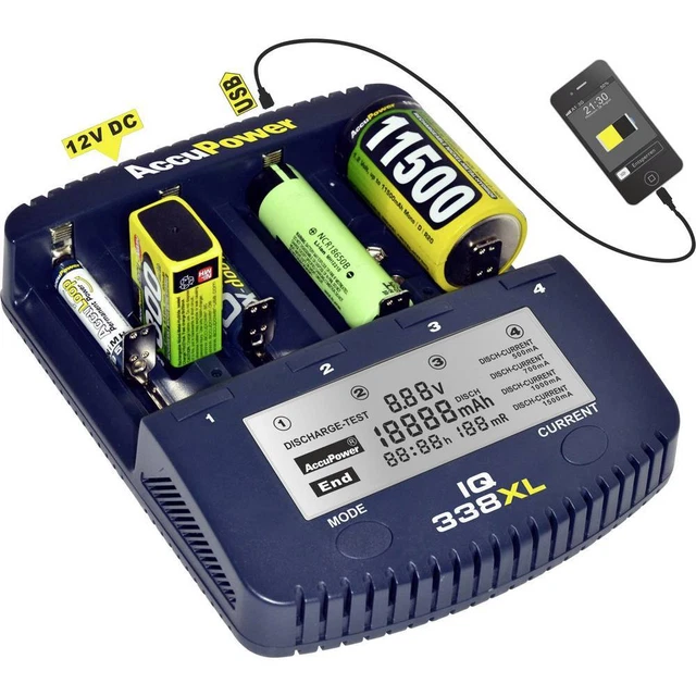 Chargeur de piles rondes NiCd, NiMH, Li-ion AccuPower IQ338XL